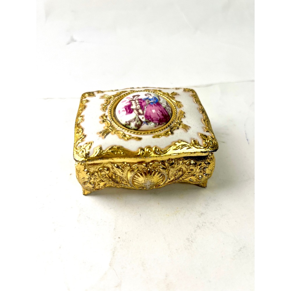 Vintage Gold Tone Ornate Trinket Box Porcelain Courting Couple Red Velvet Lining